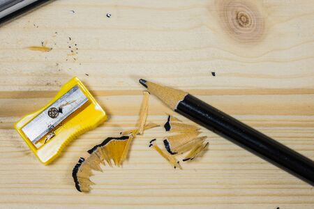 pencil The pencil sharpener on a wooden table background.の写真素材