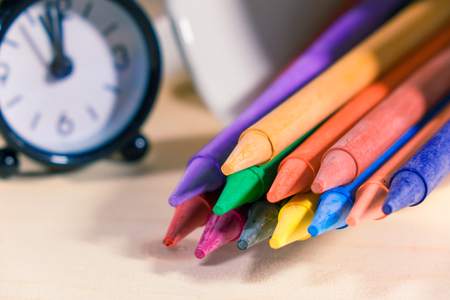 Crayon ,Many colorful  on a wooden background.の写真素材
