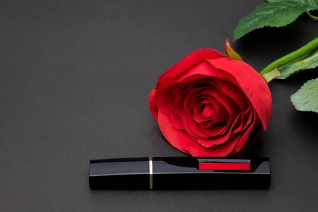 Flowers rose, Liquid lipstick brush uses lips for women,Beauty cosmetic black background. Makeup essentials item isolated on black backgroundの写真素材