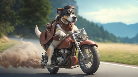 Biker with a dog on a motorcycle. 3D rendering.の素材