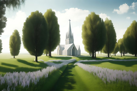 Digital painting of a church surrounded by trees in a green landscape.の素材