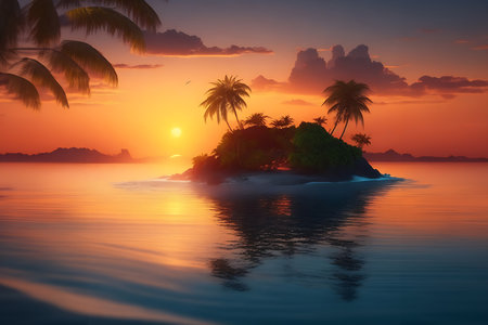 tropical island with palm trees at sunset, 3d render illustrationの素材