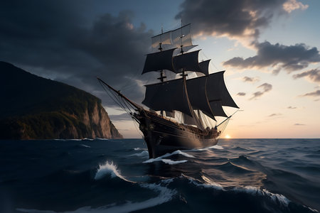 Sailing ship in the sea at sunset.の素材