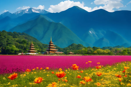 Landscape with pagoda and flowers in Hualien, Taiwanの素材