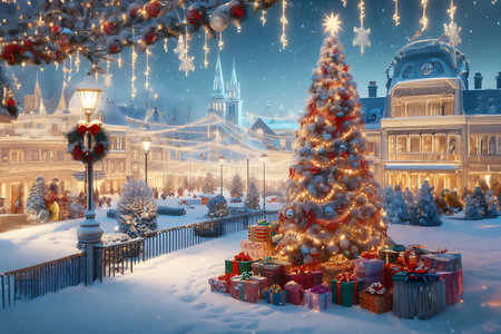 Christmas and New Year holidays background with Christmas tree and gifts in the cityの素材