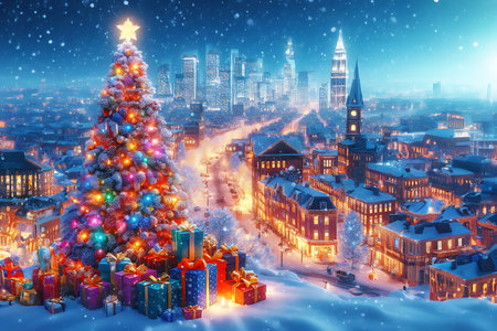 Christmas and New Year background. Cityscape with Christmas tree, houses and Christmas gifts.の素材