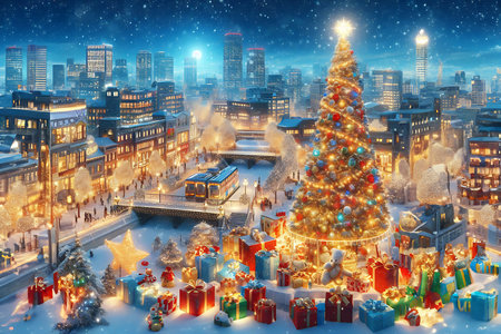 Christmas and New Year background. Cityscape with Christmas tree and gifts.の素材