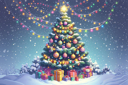 Christmas tree with colorful lights and gift boxes in the snow. Vector illustration.の素材