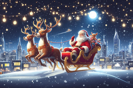 Santa Claus with reindeers in a sleigh against night cityの素材