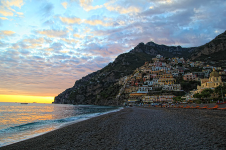 Positano on the Amalfi Coast, Italy at Sunsetの写真素材