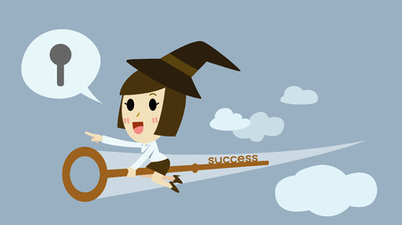 Witch young business woman Riding  the key chess  to success . cartoon vectorのイラスト素材