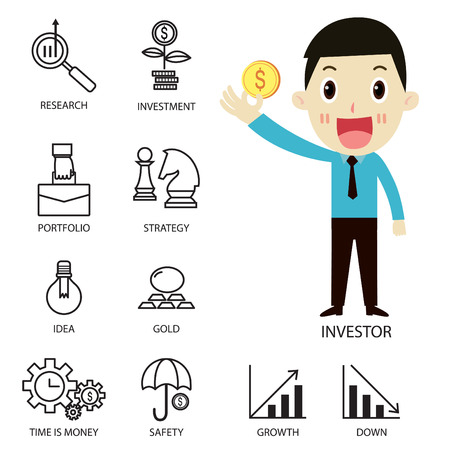 Thin line vector icons of investment Elements for stock marketflat character  investor cartoonstrategy planningmanagementtargetsuccessmodern flat icon collection  illustration conceptのイラスト素材