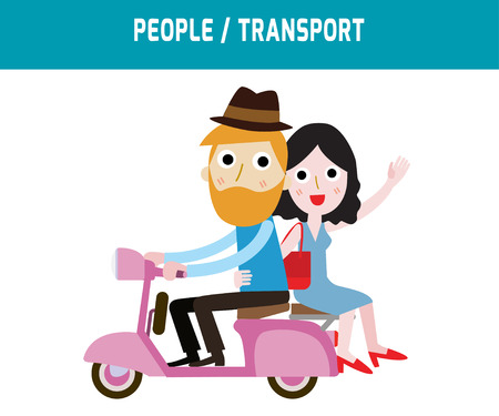 couple driving scooter sweetheart.modern design flat icon for journey.isolated on white background.graphic vector illustration.people concept.のイラスト素材