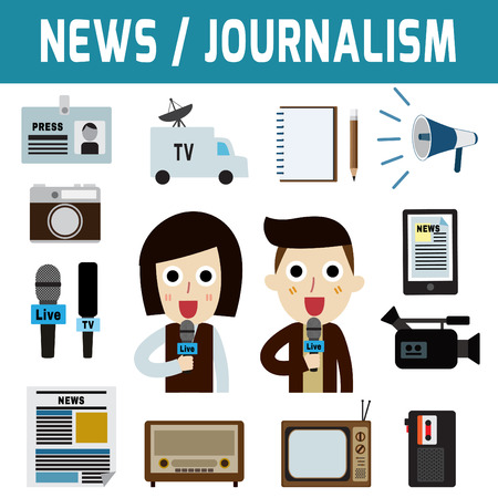 News journalism television radio press conference concept, journalism character.Flat icon modern design style vector illustration concept.のイラスト素材