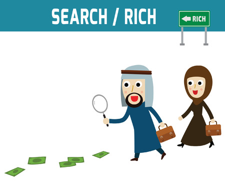 arab businessman walking with magnifying glass,looking for money track on the ground.business concept.isolated on white background.people character cute cartoon.flat modern  icons vector illustration.のイラスト素材
