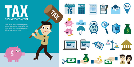 tax infographic elements business man hold hammer about to smash piggy bank.cartoon character.のイラスト素材