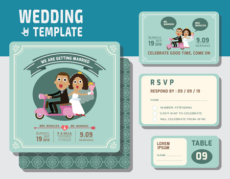 cute groom and bride character wedding invitation card template.modern design flat vector for marriage.graphic  illustration. married concept.のイラスト素材