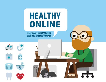 senior research health onlinehealth care concept.infographic elements.flat cute cartoon design illustration.のイラスト素材