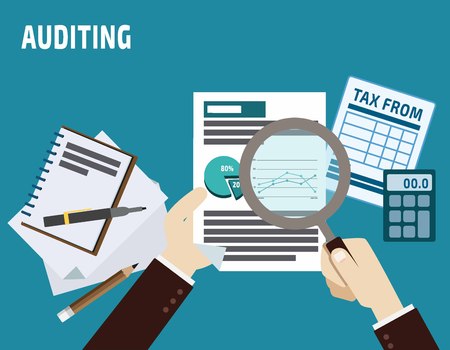 auditing. business concept.flat cute cartoon design illustration.isolated on blue background.のイラスト素材
