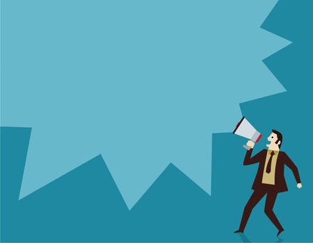 business people holding megaphone.advertising conceptflat cute cartoon design illustration.isolated on blue background.のイラスト素材