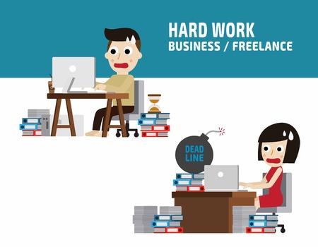 freelance hard working.flat cute cartoon design illustration.isolated on white background.のイラスト素材