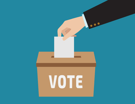 Voting concept.hand putting paper in the ballot box.flat vector cartoon background concept.のイラスト素材