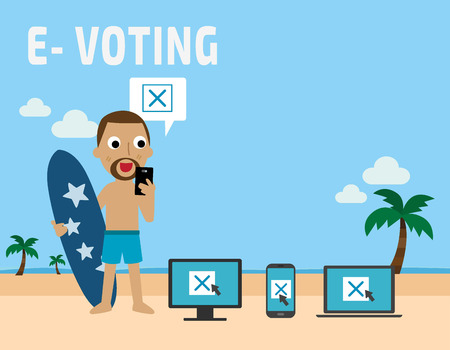 E-voting. american african people standing on beach.Flat vector illustration concept.people using mobile gadgets such as laptop, tablet and smartphone for online voting via electronic internet system.のイラスト素材