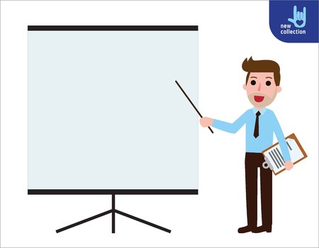 Businessman standing presentation.Vector flat cartoon character icon design.Business illustration concept.のイラスト素材