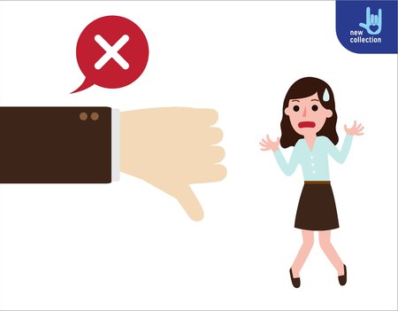 Business woman standing emotion unsuccessful.thumbs down.Vector flat cartoon character icon design.Business illustration concept.のイラスト素材