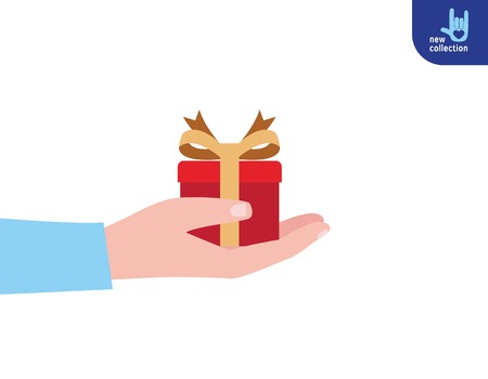 Closeup. Woman holding red giftbox by handSymbol of give.Vector flat cartoon design illustration.gift concept.Isolated on white background.のイラスト素材