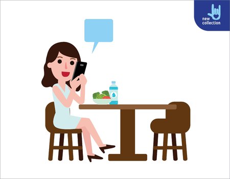 Business woman talking on the phone is sitting at restaurant.Vector flat cartoon character icon design.Business illustration concept.のイラスト素材