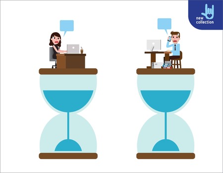 Businessman hastily working in desk.Symbol of deadline hourglass .Vector flat cartoon character icon design.Business illustration concept.のイラスト素材