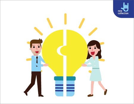 idea lightbulb,.Business people hold puzzle in hand connected in lightbulb.Symbol of Cooperation. Partnership. teamwork. Successful.Vector flat cartoon character icon design illustration.Business creative concept.のイラスト素材