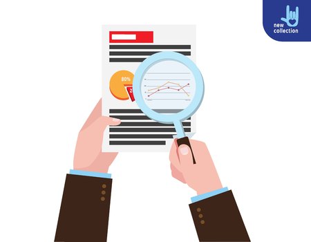 Closeup. Businessman holding magnifying glass. research market analysis. Symbol of analytics. accounting. graphs.Vector flat cartoon icon design illustration.Planning financial marketing concept.のイラスト素材