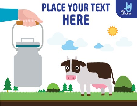 Hand holding aluminium milk can.
Cow standing on the lawn in the countryside.
Banner background.
flat cartoon design illustration.のイラスト素材
