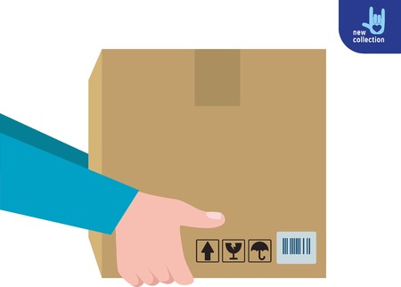 Closeup. Courier Hands with postal cardboard box.Delivery service concept.Vector flat cartoon design illustration.Isolated on white background.のイラスト素材