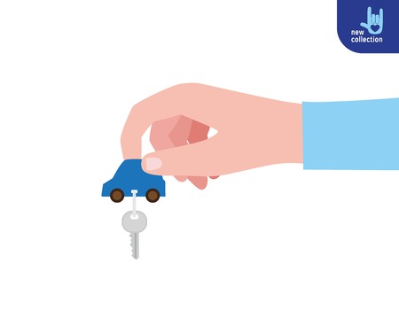Close up. Woman's hand holding car keys isolated on white background.giving concept.Vector flat cartoon design illustration.Isolated on white background.のイラスト素材