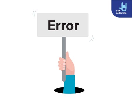 hand holding a placard message about Error.lot of work concept.Vector flat cartoon design illustration.Isolated on white background.のイラスト素材