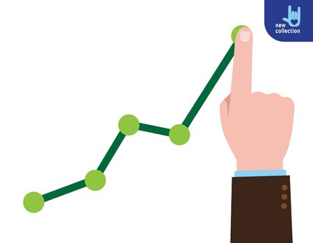 Finger up holding chart arrow.Businessman manages financial growth graph.Profit growing concept. businessVector flat cartoon design illustration.Isolated on white background.のイラスト素材