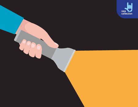 Close up. Hand holding torch light shining forward in the darkSearching way out concept.Vector flat cartoon design illustration.Isolated on white background.のイラスト素材
