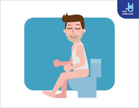 Happy asian man sitting on a toilet and smiling.People healthy lifestyle concept.Vector flat style cartoon character design illustrationIsolated on white background.のイラスト素材