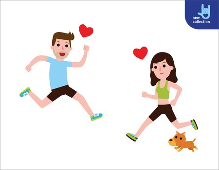 happy man and woman jogging of find love. Couple in love concept. People exercise healthy lifestyle.Vector flat style cartoon character design illustrationIsolated on white background.のイラスト素材