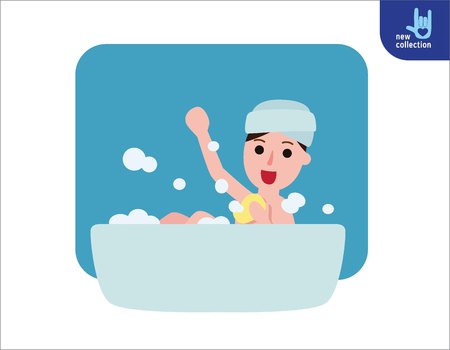 Happy woman taking shower in bathroom.enjoy pleasant bath with foam.People healthy lifestyle concept.Vector flat style cartoon character design illustrationIsolated on white backgroundのイラスト素材