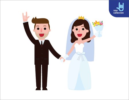 Happy groom and bride.young married couple posing holding a white bouquet smiling Newlyweds illustration. wedding invitation concept. Vector flat style cartoon character designIsolated on white backgroundのイラスト素材