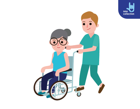 Nurse man on a walk with disabled grandmother in a wheelchair.のイラスト素材