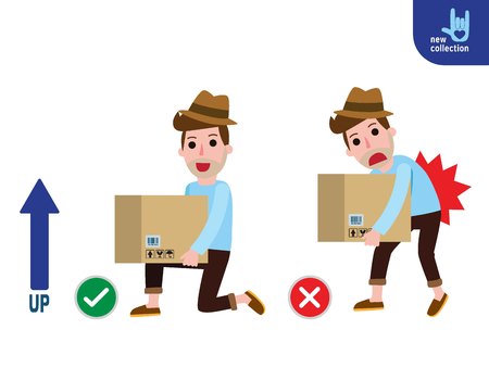 Correct lifting posture And incorrectMan lift wrong and right position.Improper or against properDisease back pain.Vector flat icon cartoon design illustration.Medical healthcare concept.のイラスト素材