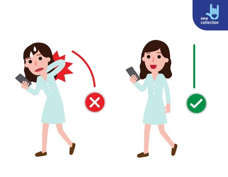 Correct and incorrect walking posture Young woman holding mobile with back pain.Medical healthcare concept.のイラスト素材