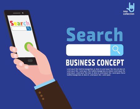 Businessman holding smartphone in hand.Mobile app technologies for phones. Search on the internet. Searching concept.Vector flat cartoon design illustration.Isolated on white background.のイラスト素材