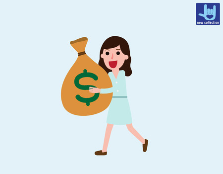 Smiling businesswoman walking & carrying big heavy sack full of cash money.Vector flat cartoon character design.Business illustration concept.isolated on white backgroudのイラスト素材