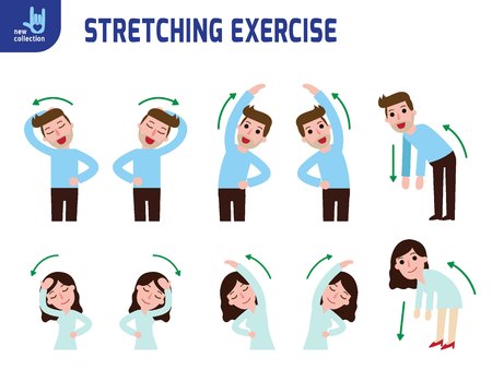 man and woman  stretching.flexibility exercise concept.Vector flat style cartoon character icon designillustration infographicのイラスト素材